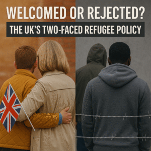 Two-faced UK refugee policy: Warm welcome symbolized by a couple with a British flag contrasts with a cold rejection of two individuals behind barbed wire.